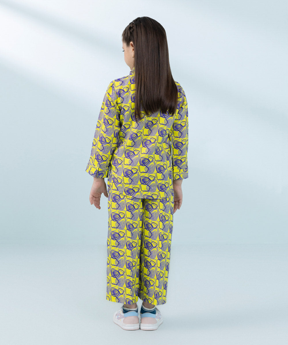 Kids East Girls Yellow Printed Raw Silk Set