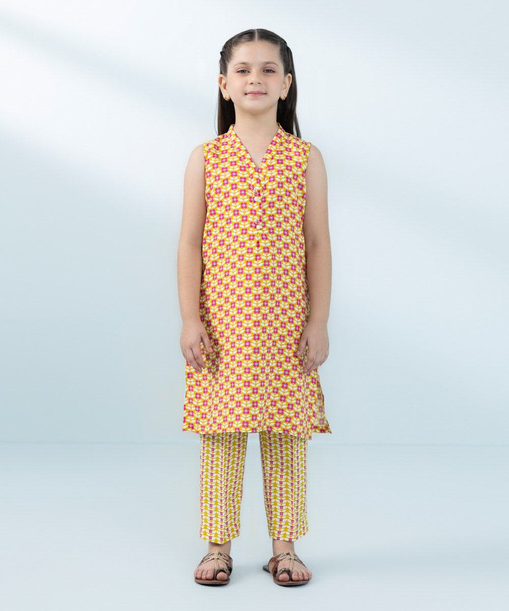 Kids East Girls Mustard Printed Raw Silk Set