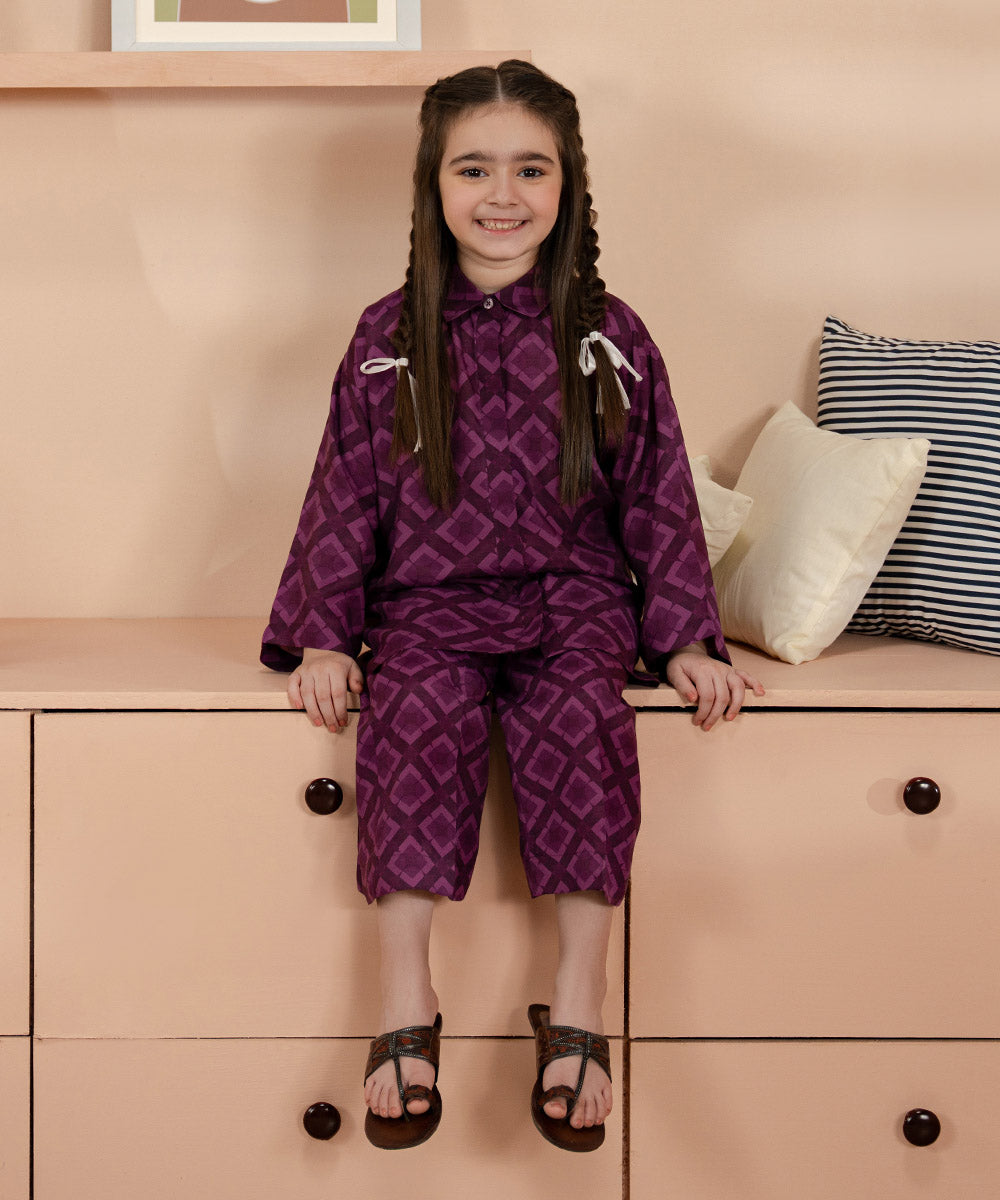 Kids East Girls Purple Printed Raw Silk Set