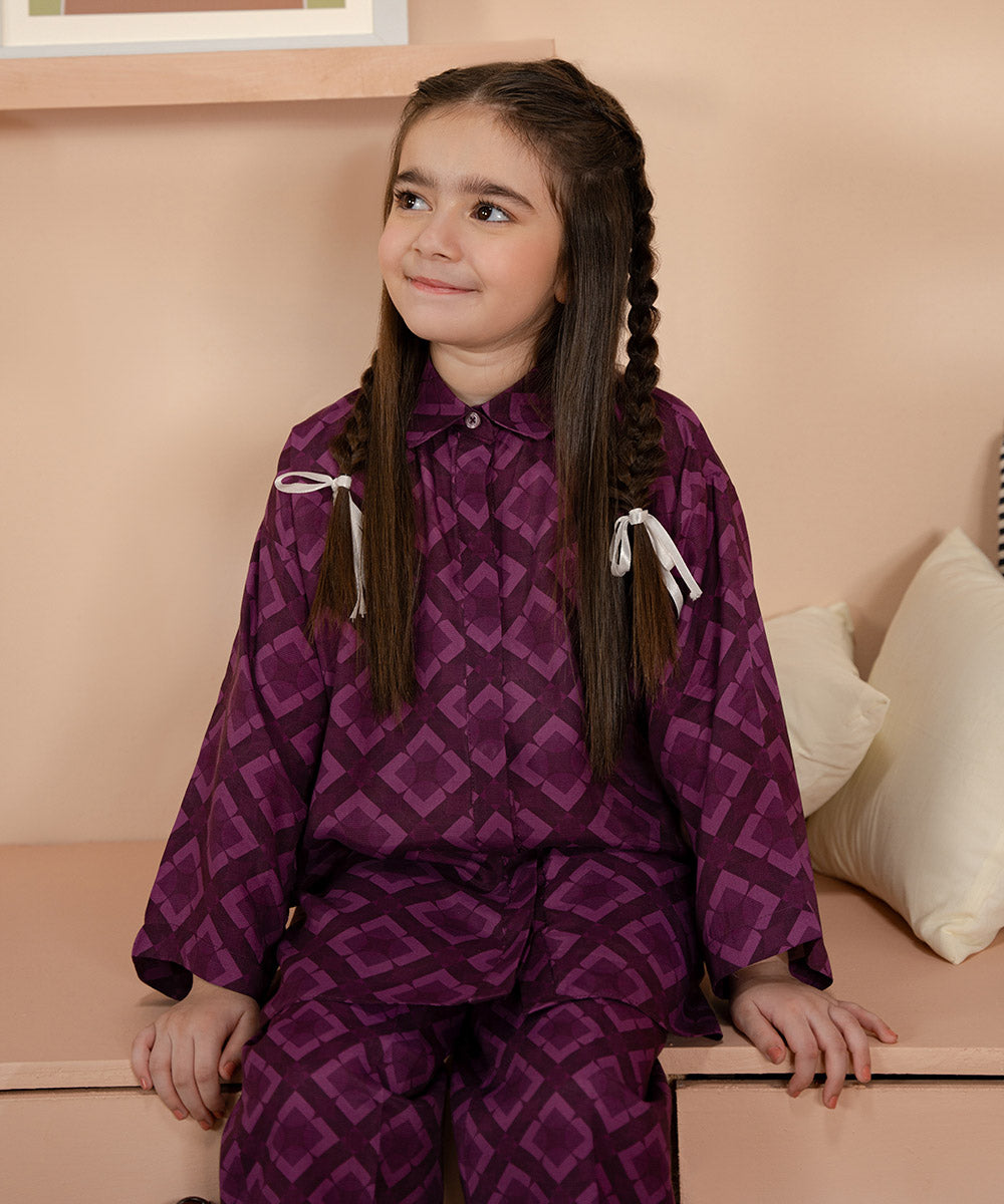 Kids East Girls Purple Printed Raw Silk Set