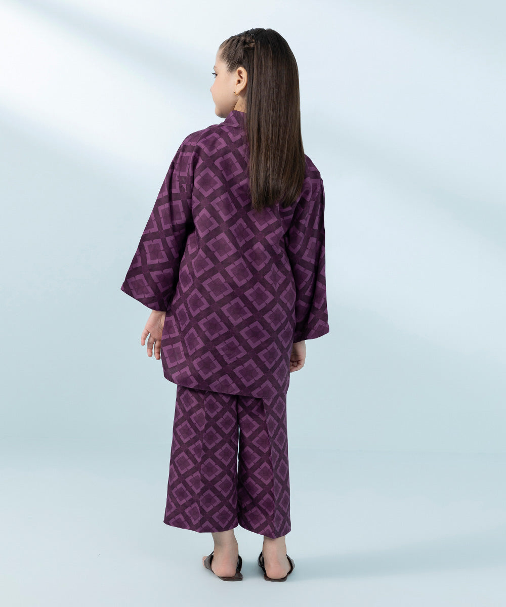 Kids East Girls Purple Printed Raw Silk Set