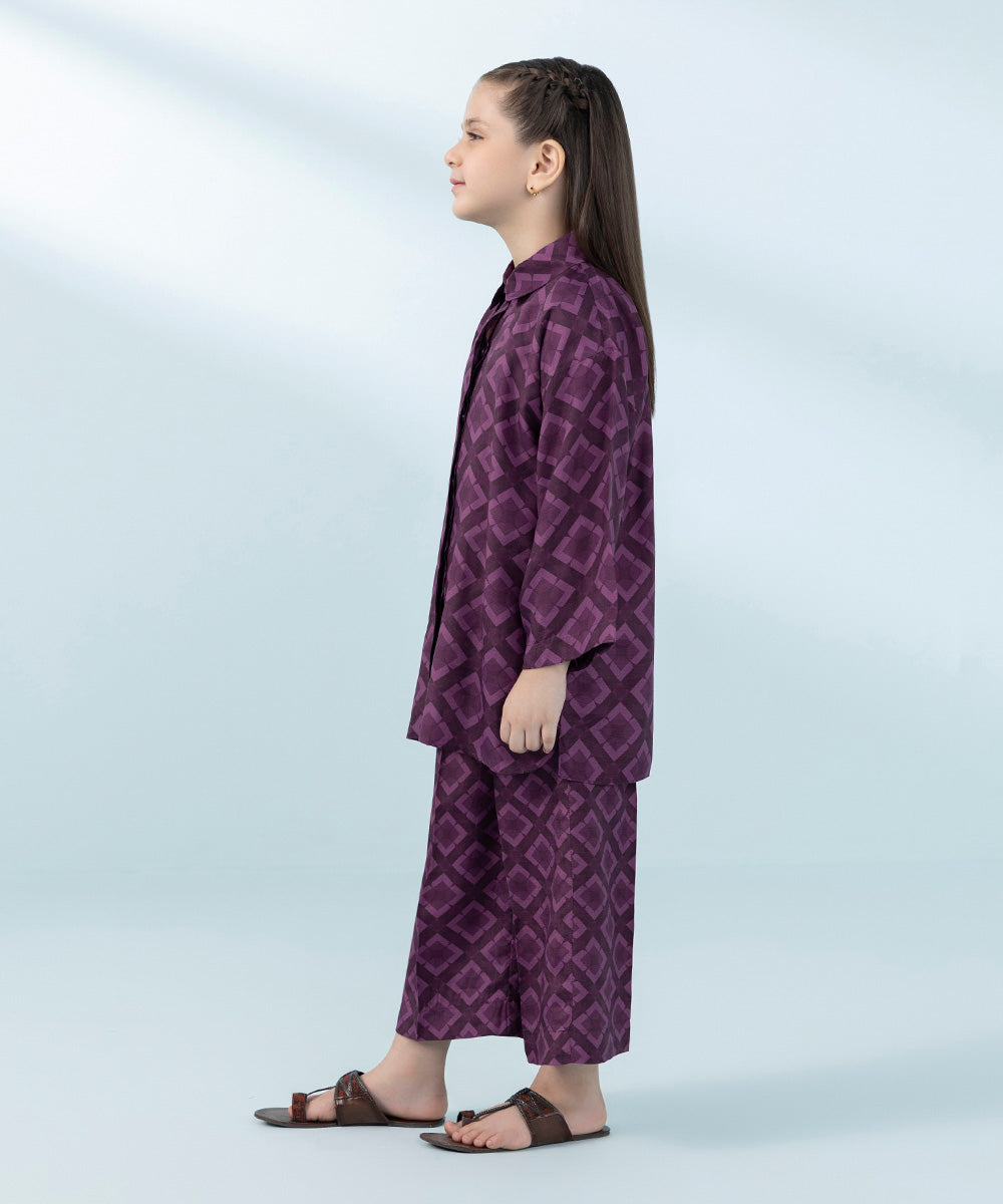 Kids East Girls Purple Printed Raw Silk Set