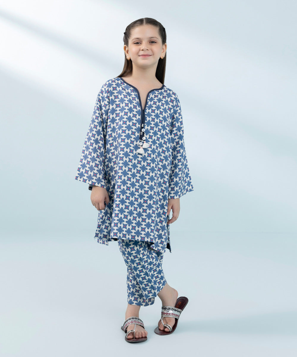 Kids East Girls Ice Blue Printed Raw Silk Suit