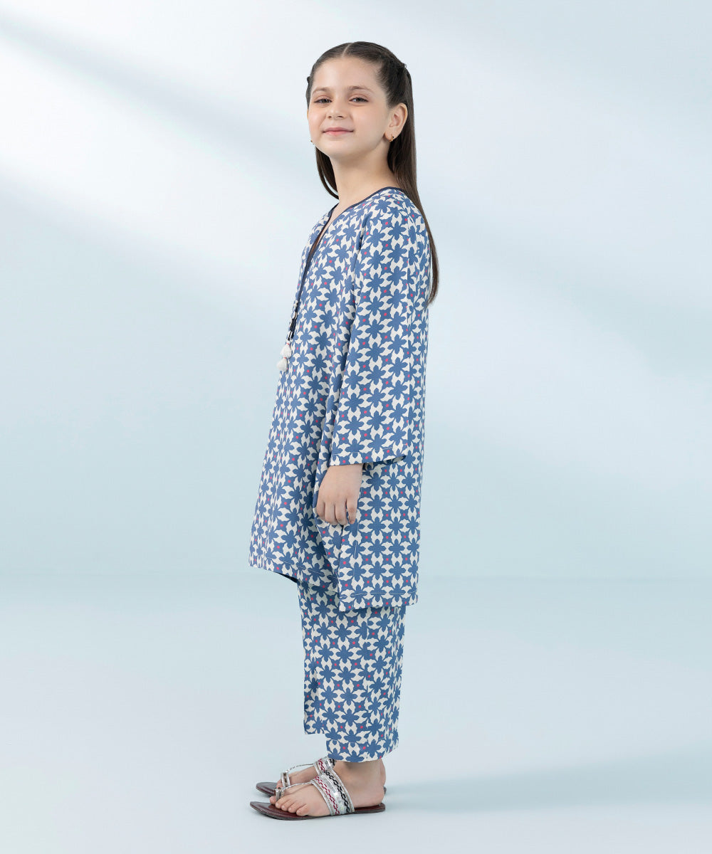 Kids East Girls Ice Blue Printed Raw Silk Suit