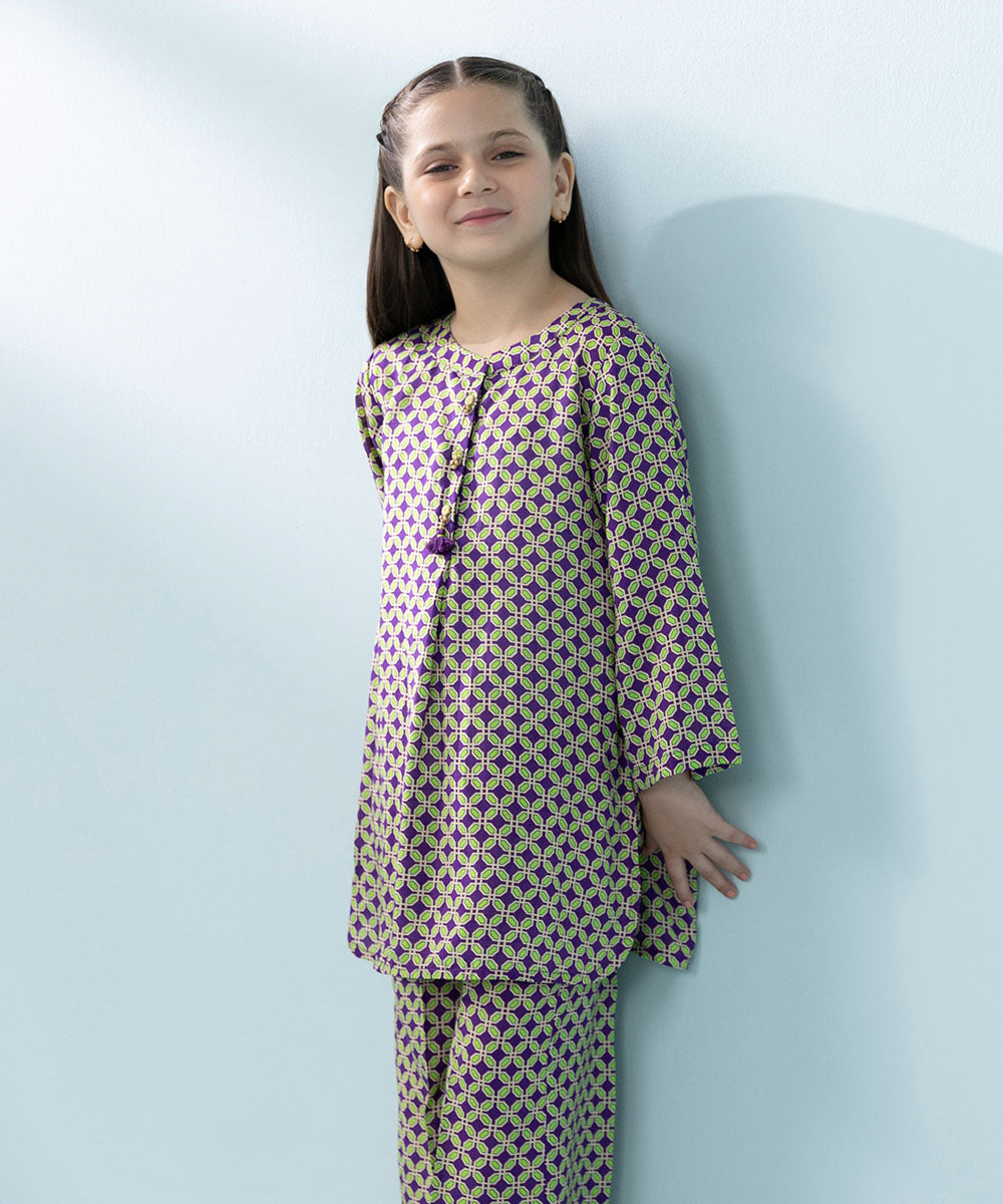 Kids East Girls Ice Blue Printed Raw Silk Suit