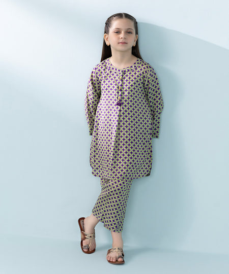 Kids East Girls Ice Blue Printed Raw Silk Suit