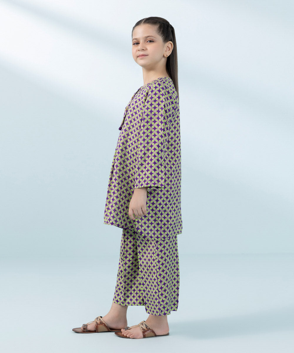 Kids East Girls Ice Blue Printed Raw Silk Suit