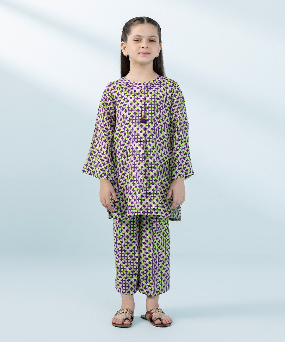 Kids East Girls Ice Blue Printed Raw Silk Suit