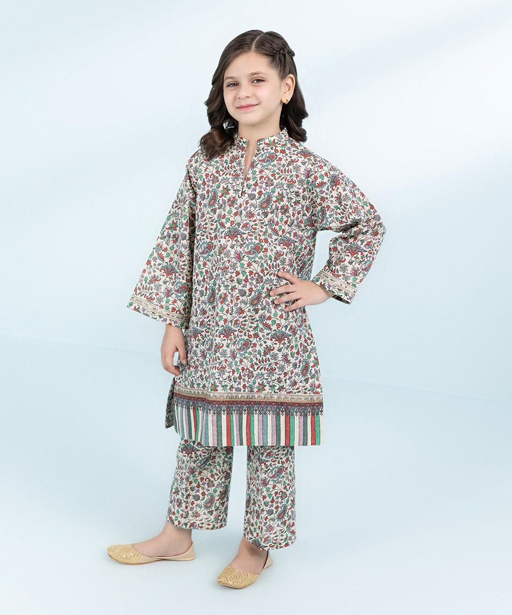 Kid Girls Multicoloured 2 Piece- Embroidered Khaddar Suit