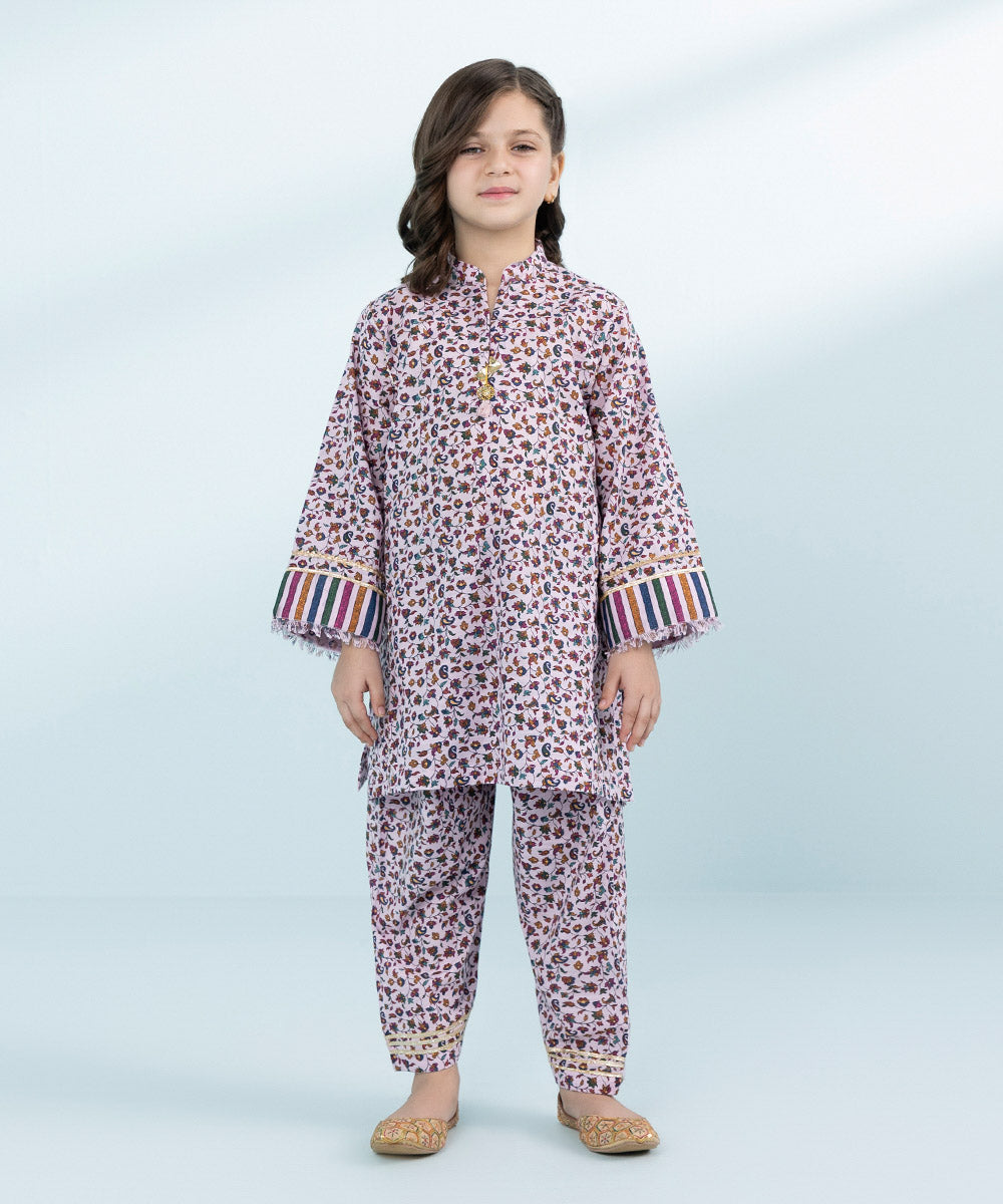 Kid Girls Lilac 2 Piece- Printed Khaddar Suit