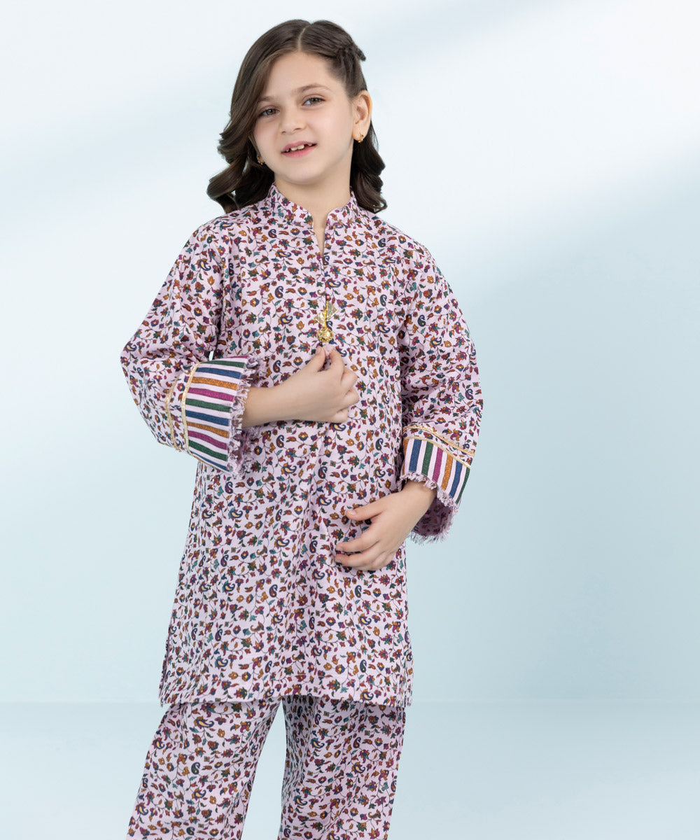 Kid Girls Lilac 2 Piece- Printed Khaddar Suit