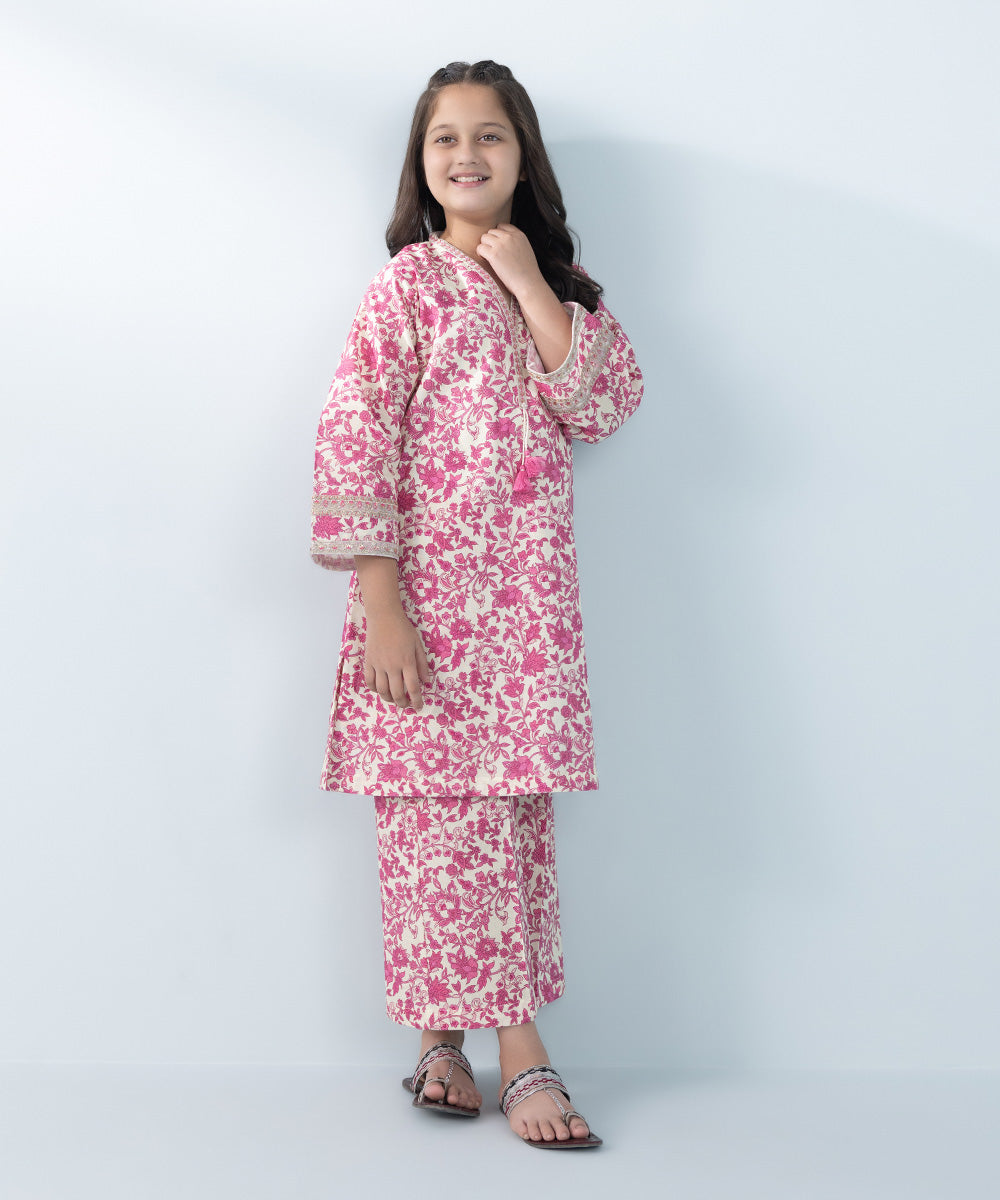 Kids East Girl's Off-White & Pink 2 Piece Embroidered Khaddar Suit