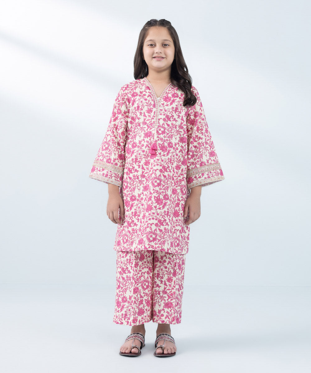 Kids East Girl's Off-White & Pink 2 Piece Embroidered Khaddar Suit