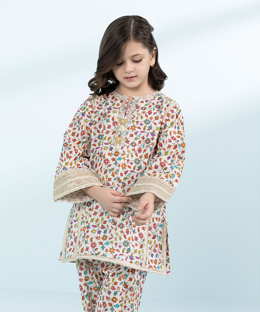 Kid Girls Multicoloured 2 Piece- Embroidered Khaddar Suit