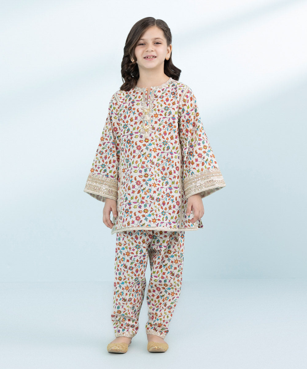 Kid Girls Multicoloured 2 Piece- Embroidered Khaddar Suit