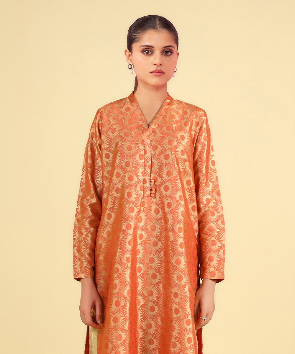 Women's Pret Solid Jacquard Orange A-line Shirt