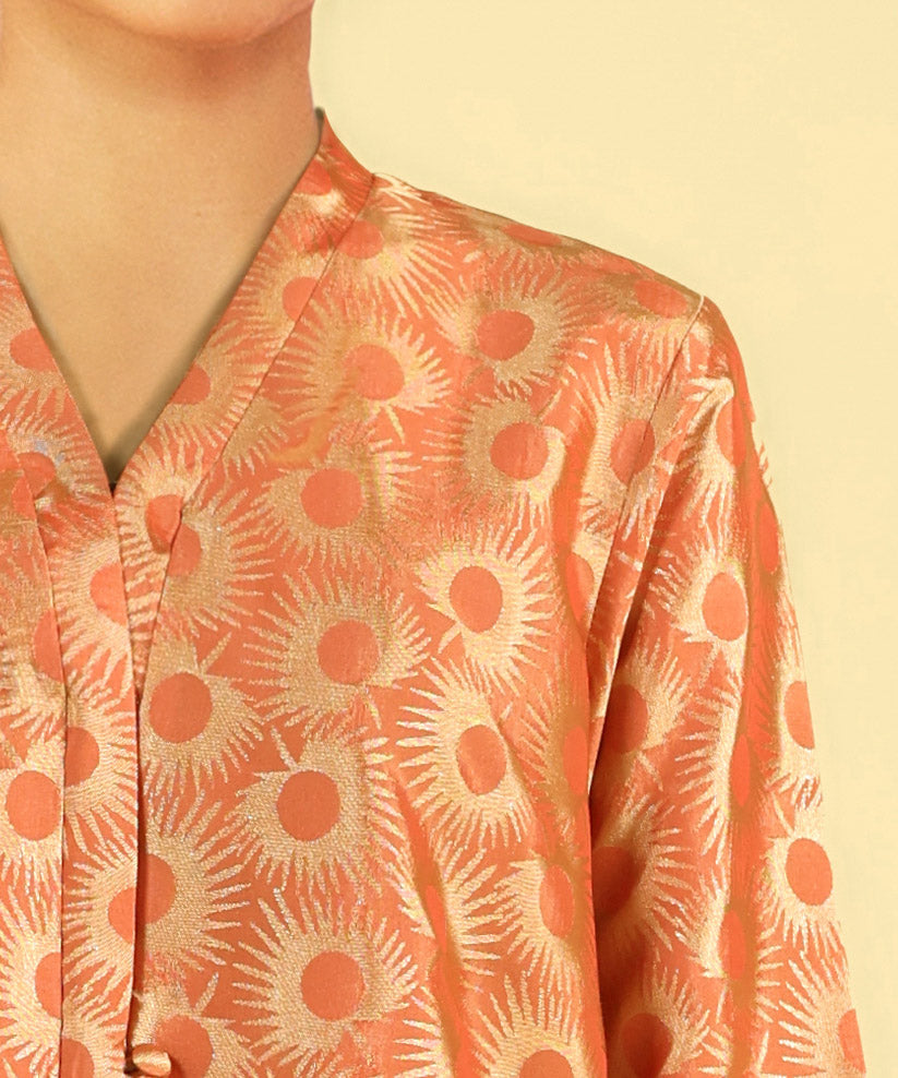 Women's Pret Solid Jacquard Orange A-line Shirt