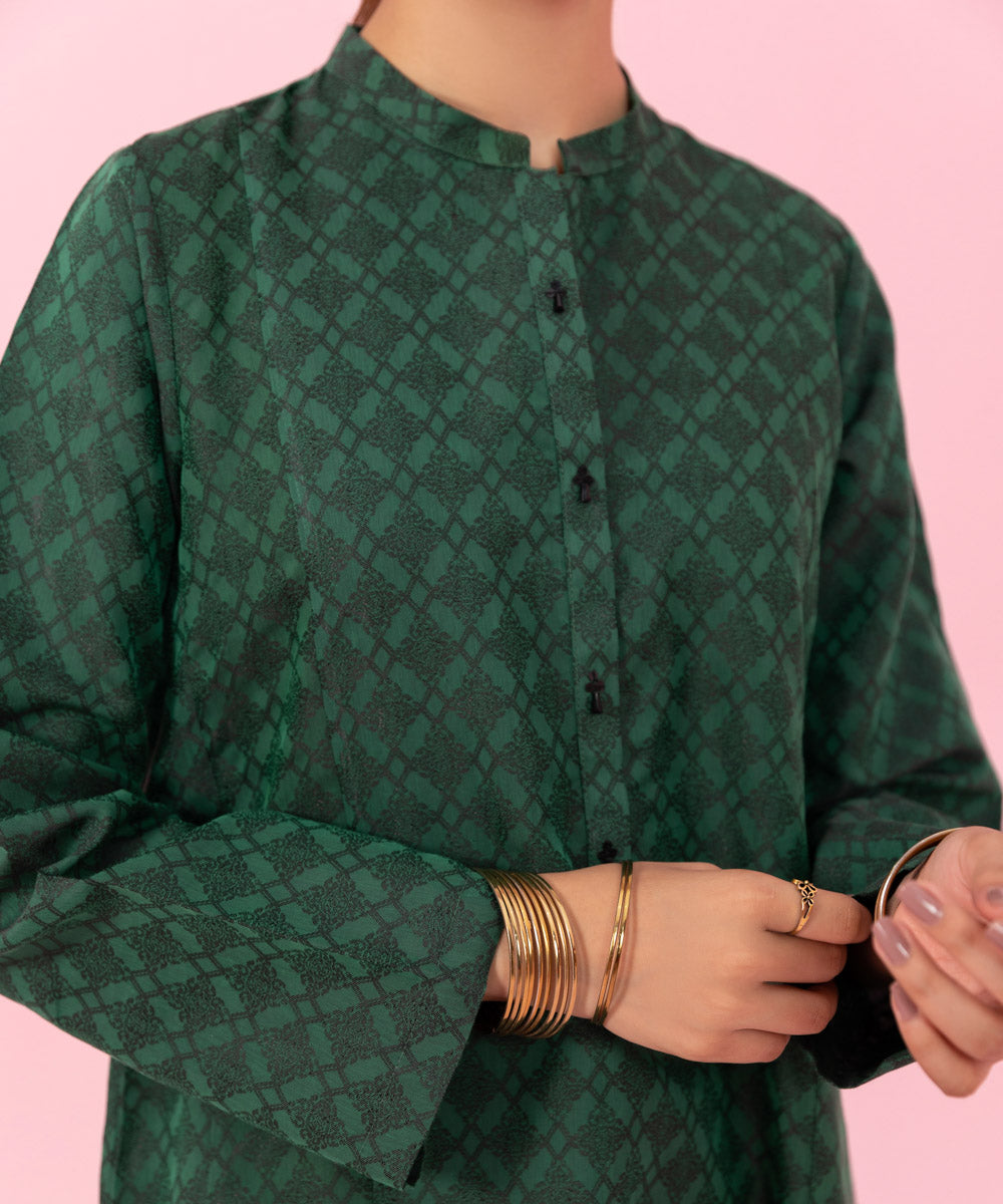 Women's Festive Pret Solid Jacquard Green 2 Piece Suit