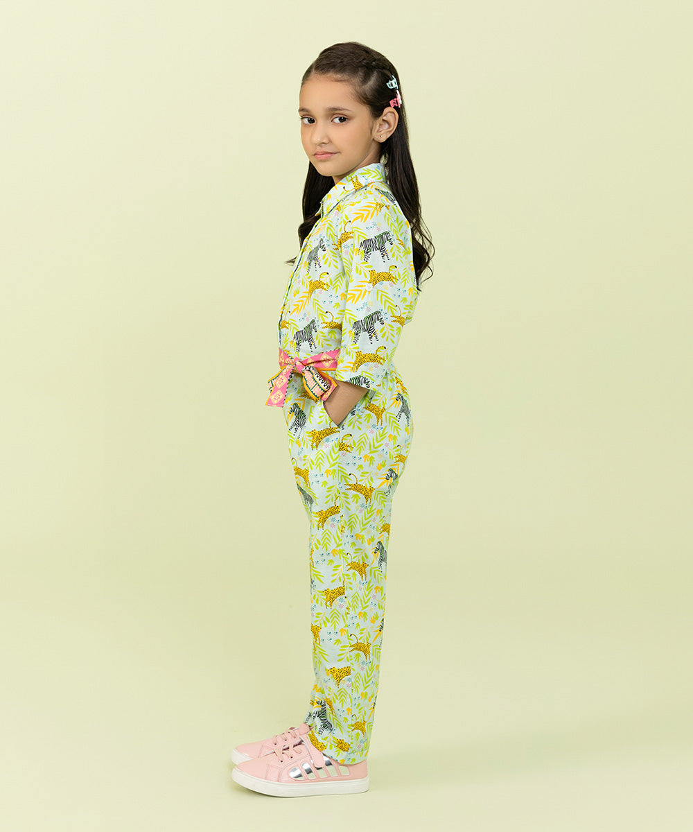 Girls Sky Blue Printed Cambric Jumpsuit