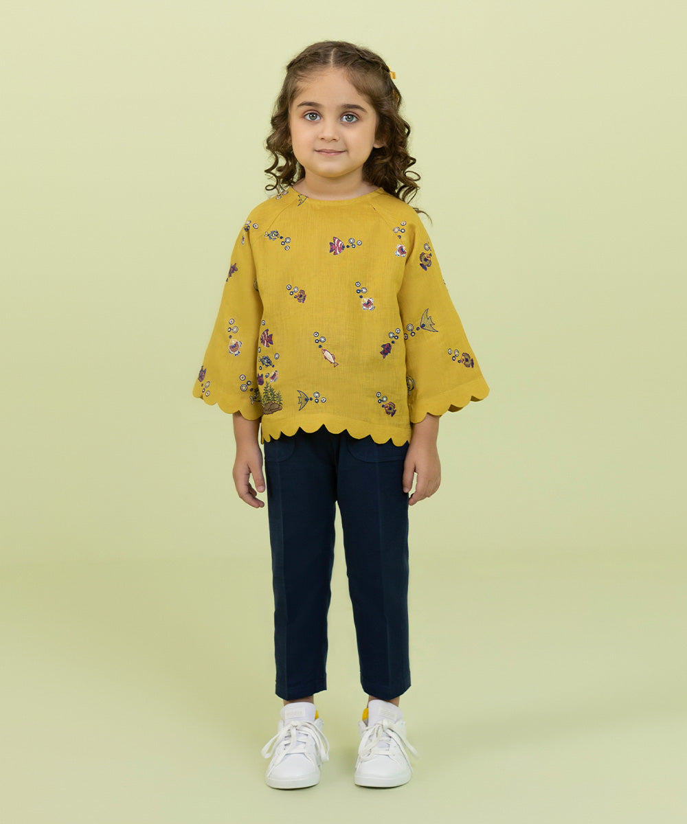 Girls Mustard Embroidered Cotton Linen Top
