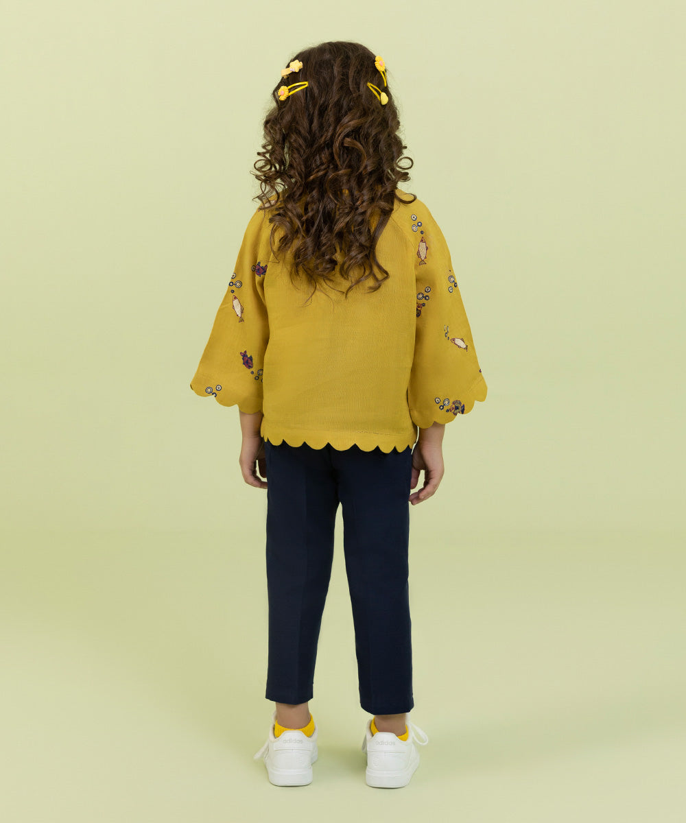 Girls Mustard Embroidered Cotton Linen Top