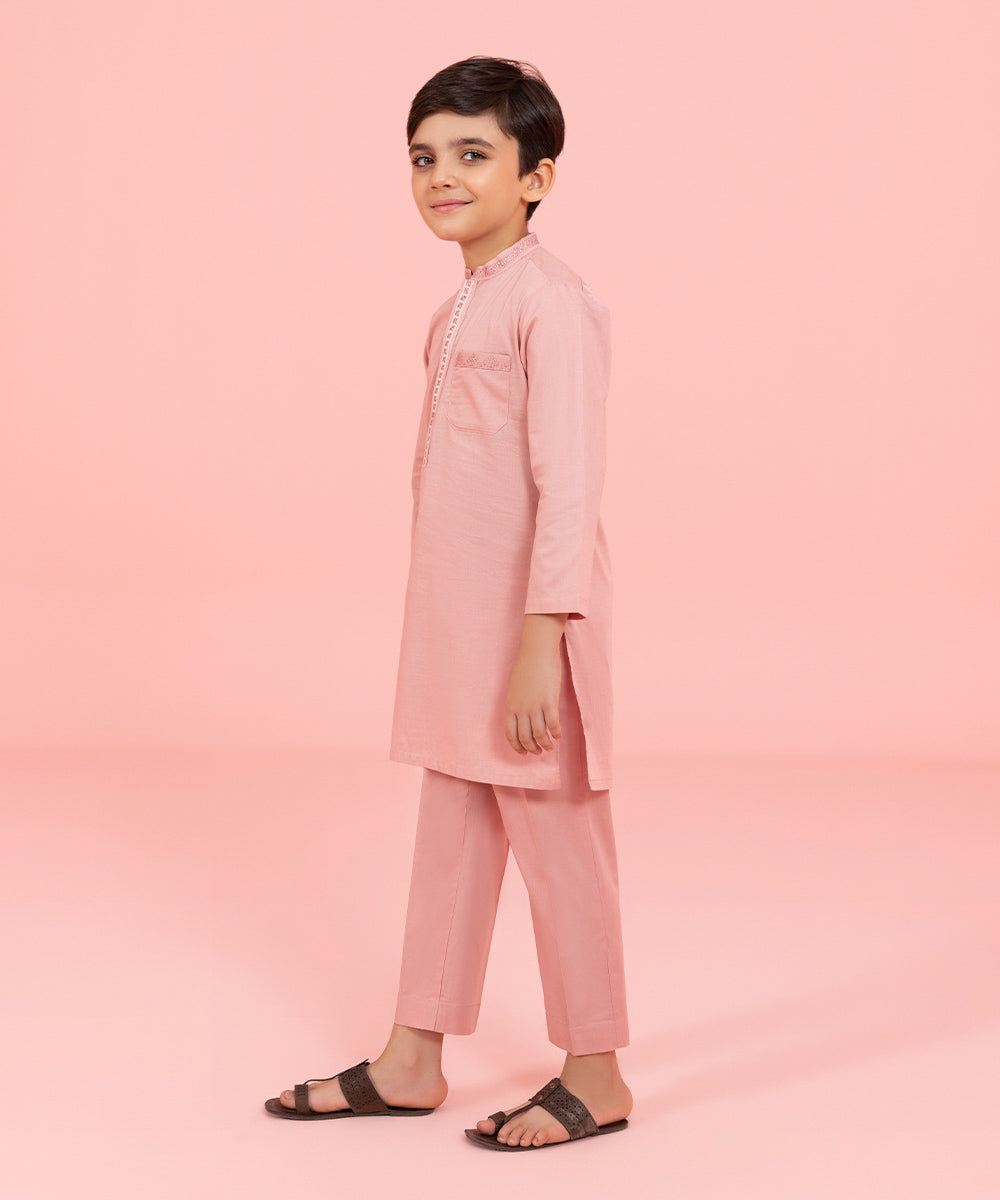 Light Pink Embroidered Slub Cotton Suit