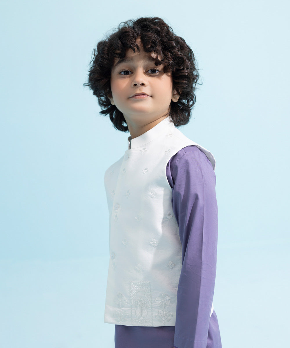 Kids East Boys Casual White Embroidered Cambric Waistcoat