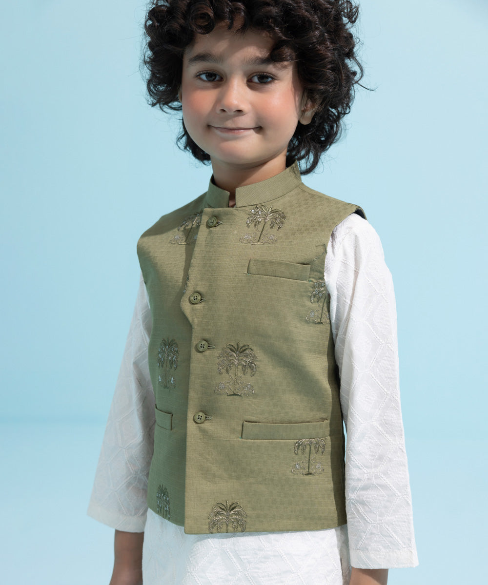 Kids East Boys Casual Olive Embroidered Dobby Waistcoat