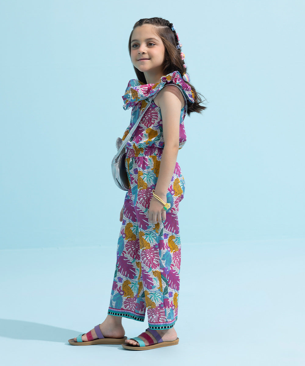 Kids East Girls Casual Multi Colored Printed Glitter Jumpsuit