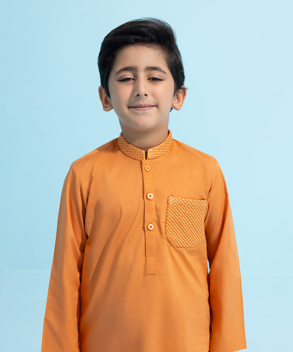 Kids East Boys Casual Orange Embroidered Herring Bone Suit