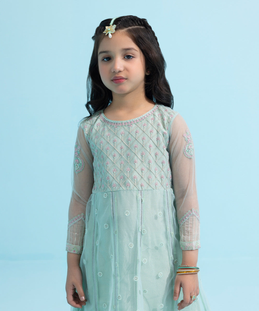 Kids East Girls Formal Sea Green Embroidered Poly Net 2 Piece Suit