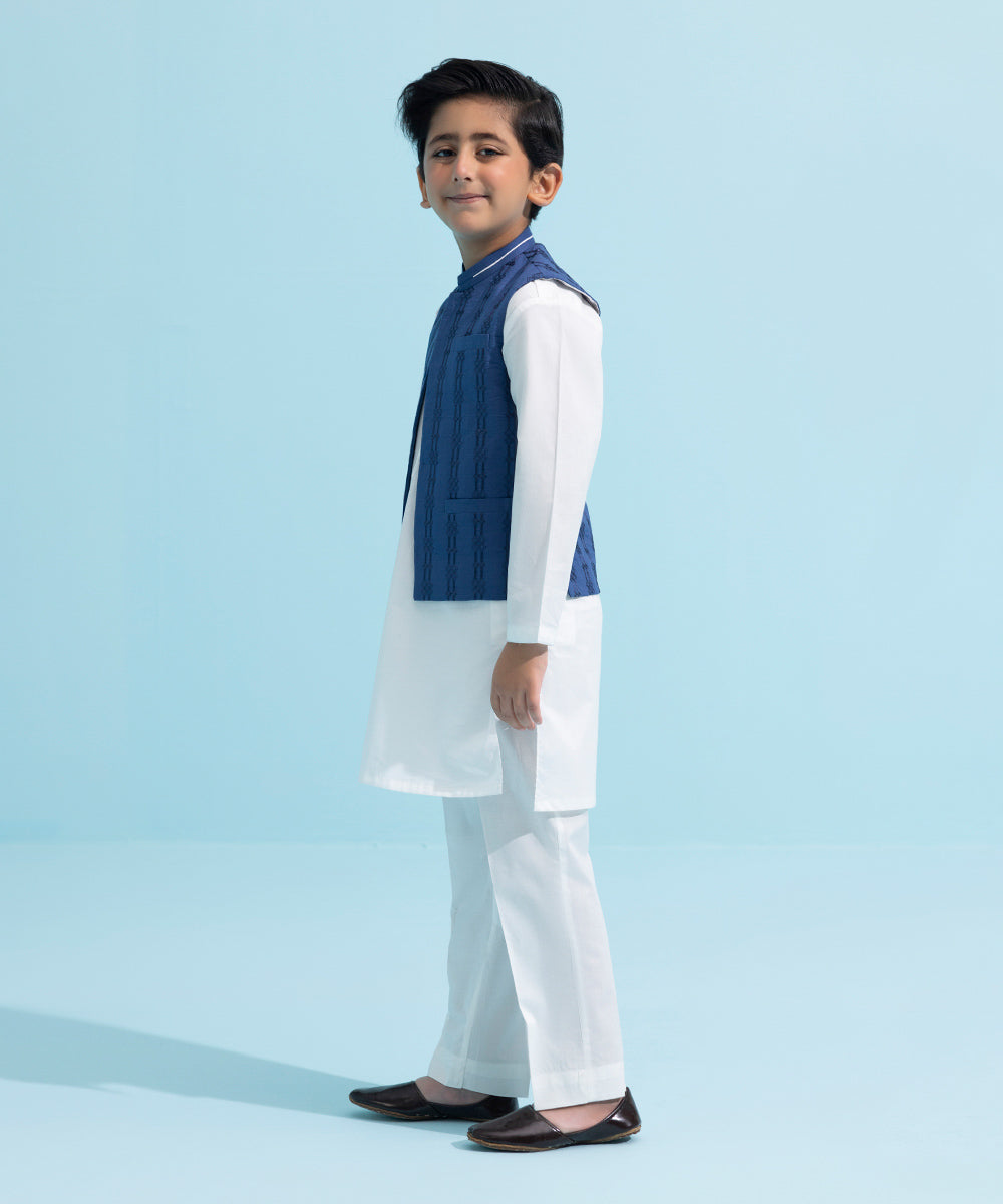 Kids East Boys Formal White Embroidered Cambric 3 Piece Suit