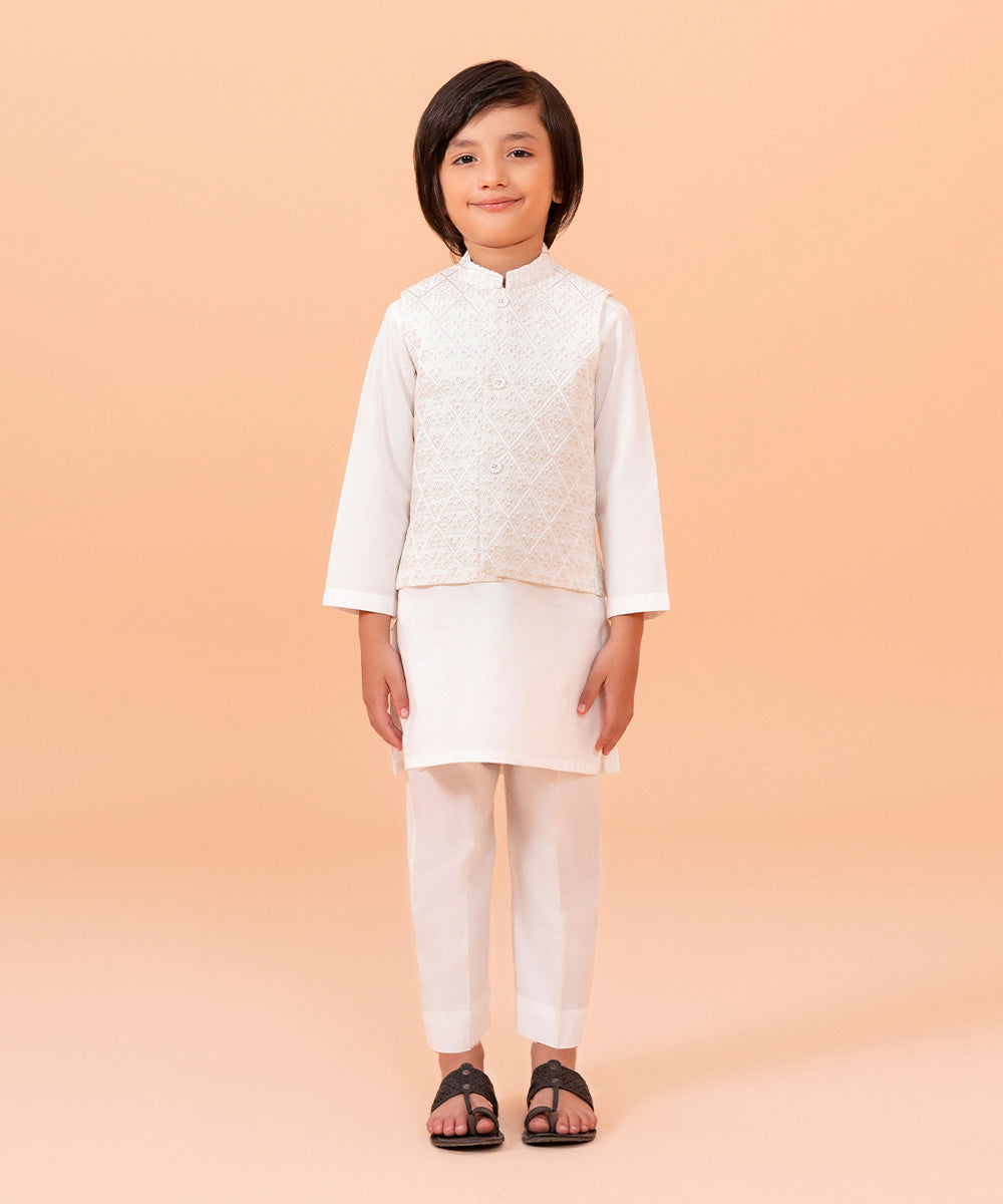 Boys Dyed White Embroidered Waist Coat