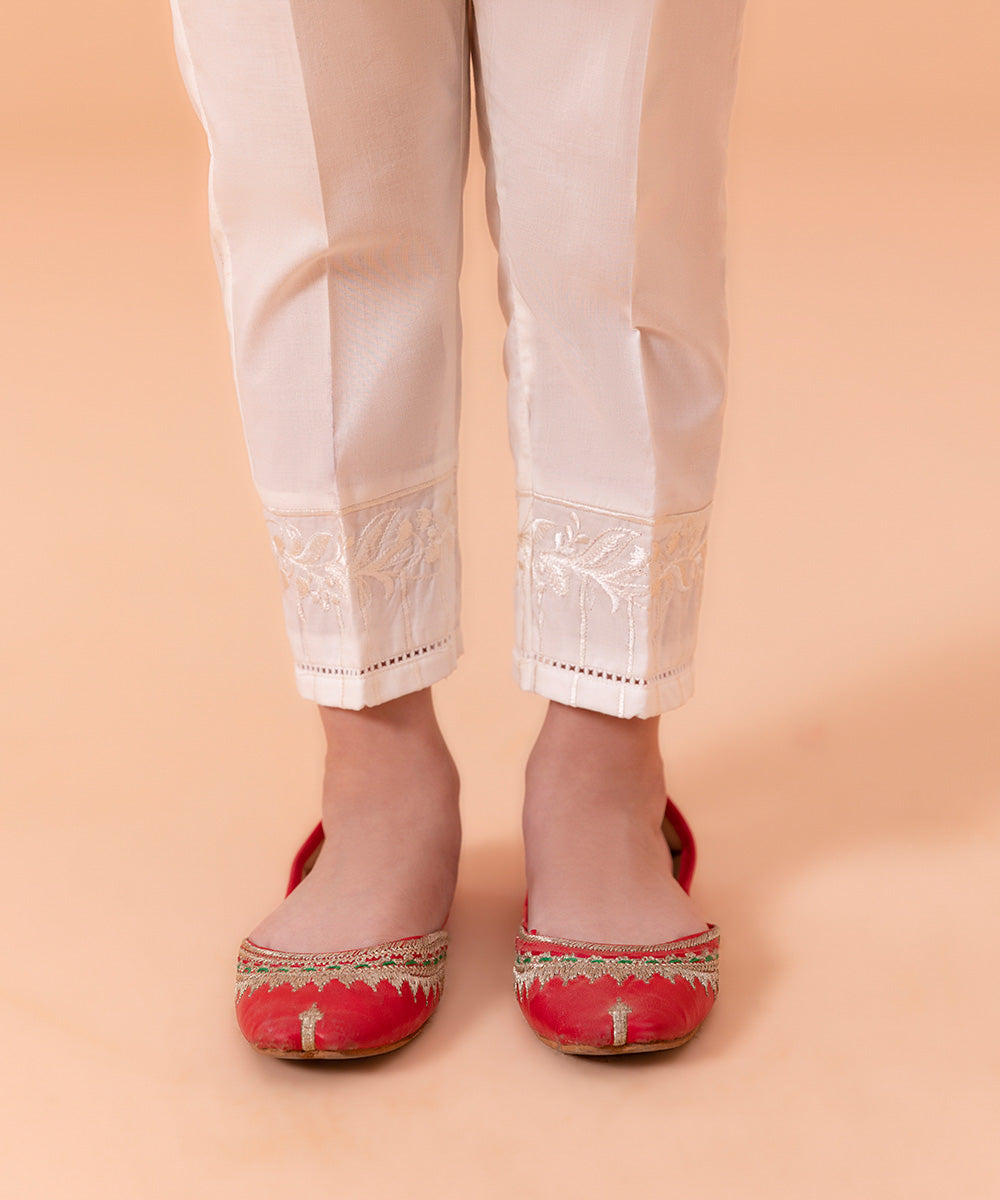 Girls Dyed White Embroidered Cambric Trouser