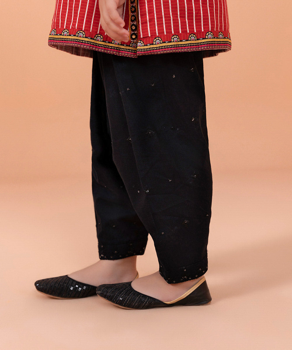 Girls Dyed Black Embroidered Cotton Khaddar Trouser