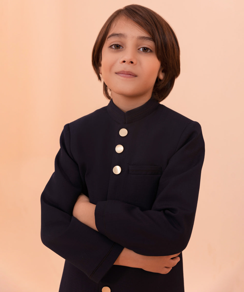 Boys Dyed Navy Blue Sherwani