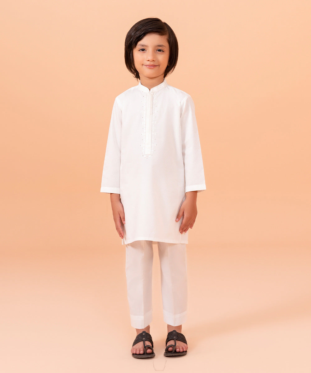 Boys Dyed White 2 PC Embroidered Cotton Jacqurad Suit