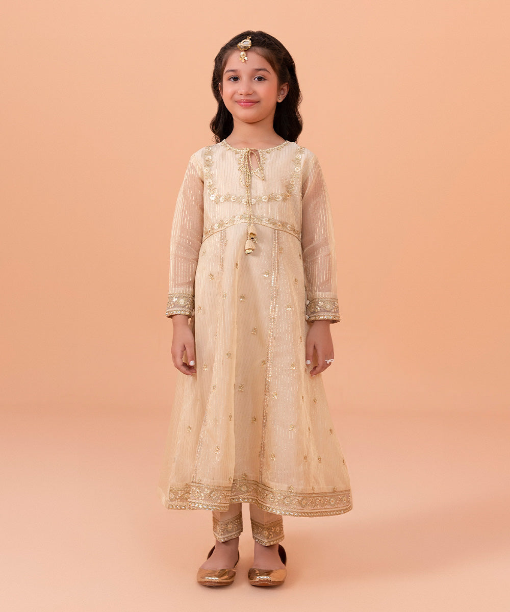 Girls Dyed Gold 2 PC Embroidered Zari organza Suit