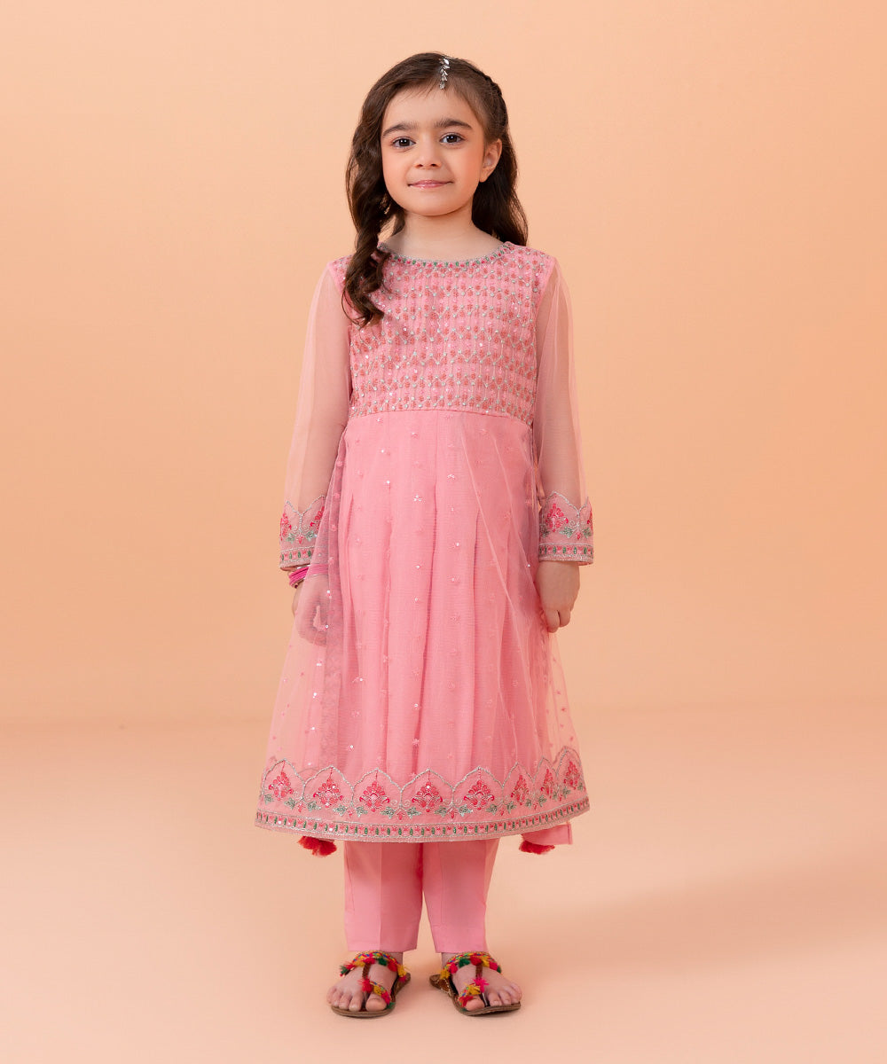 Girls Dyed Pink 2 PC Embroidered Poly Net Suit