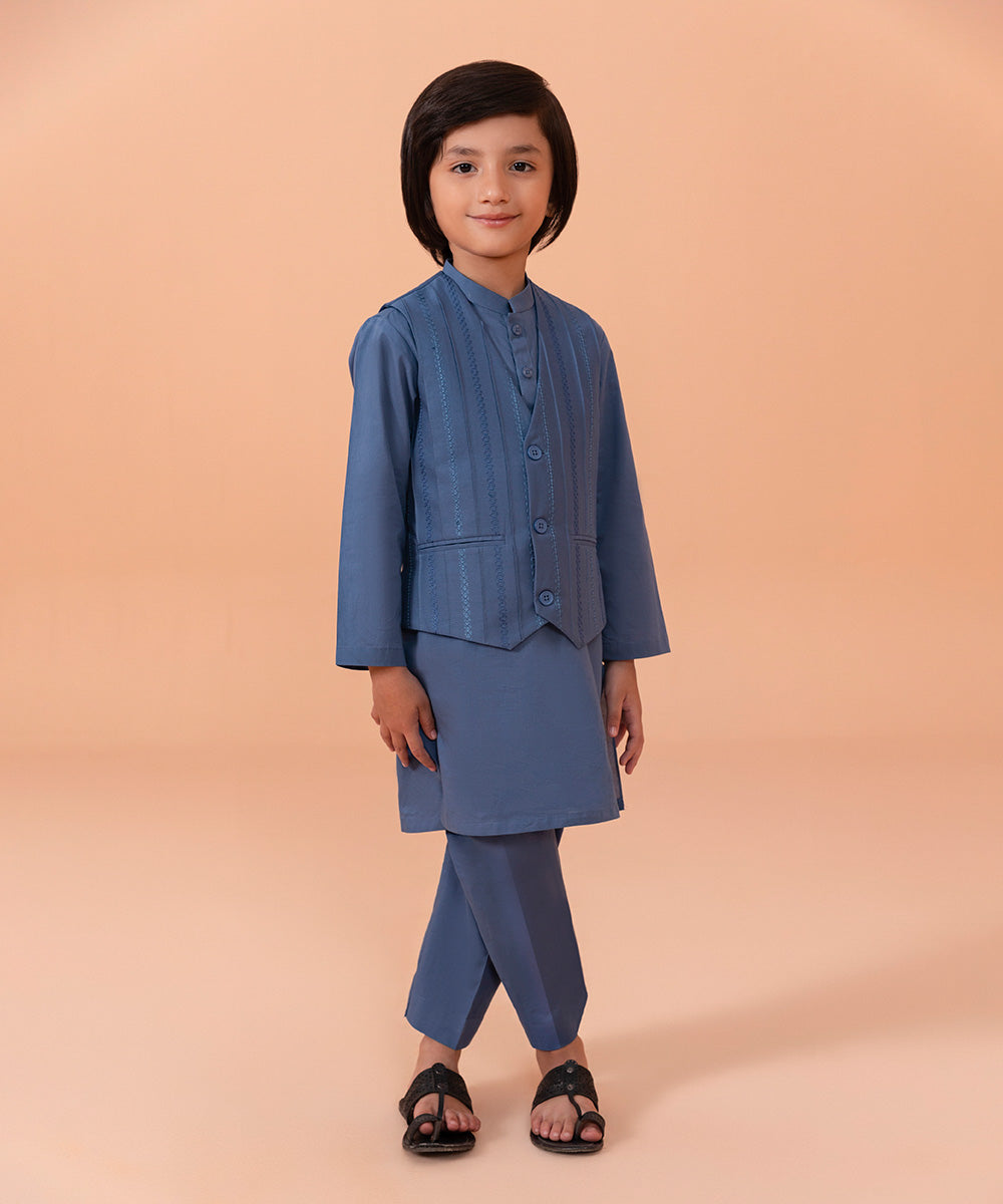 Boys Dyed Blue 3 PC Embroidered Cambric Suit