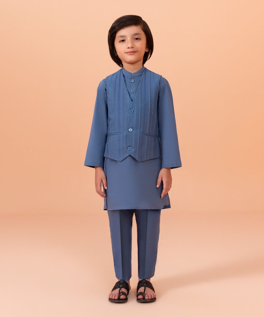 Boys Dyed Blue 3 PC Embroidered Cambric Suit
