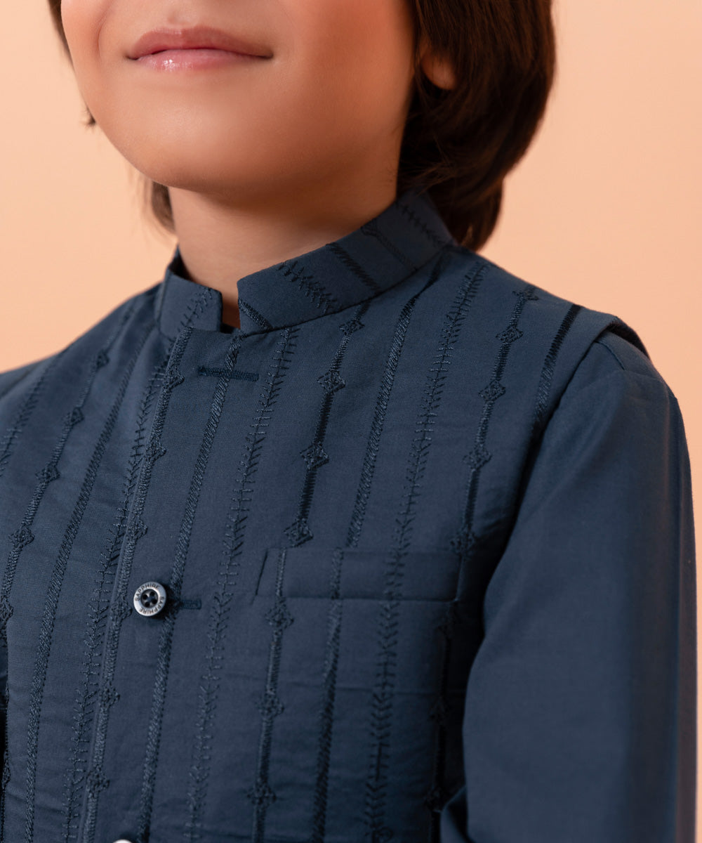 Boys Dyed Navy Blue 3 PC Embroidered Cambric Suit