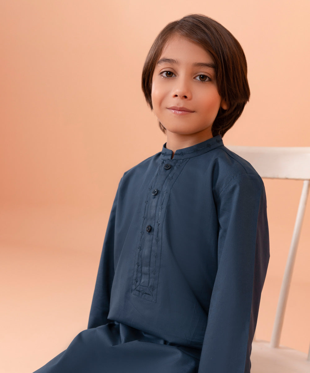 Boys Dyed Navy Blue 3 PC Embroidered Cambric Suit