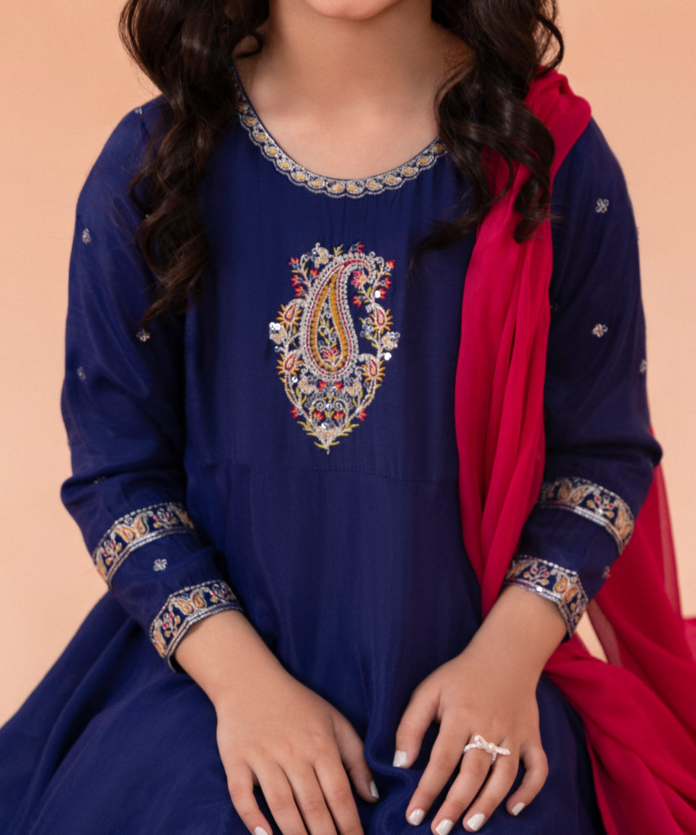 Girls Dyed Royal Blue 3 PC Embroidered Raw Silk Suit