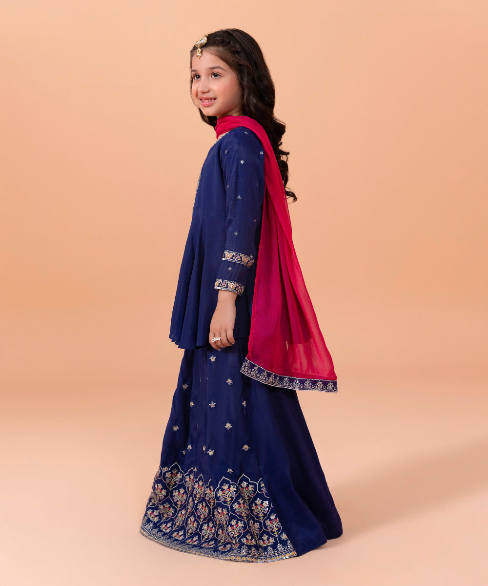 Girls Dyed Royal Blue 3 PC Embroidered Raw Silk Suit