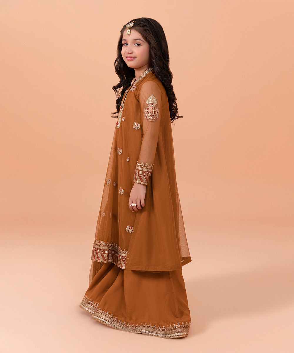 Girls Dyed Rust 3 PC Embroidered Poly Net Suit