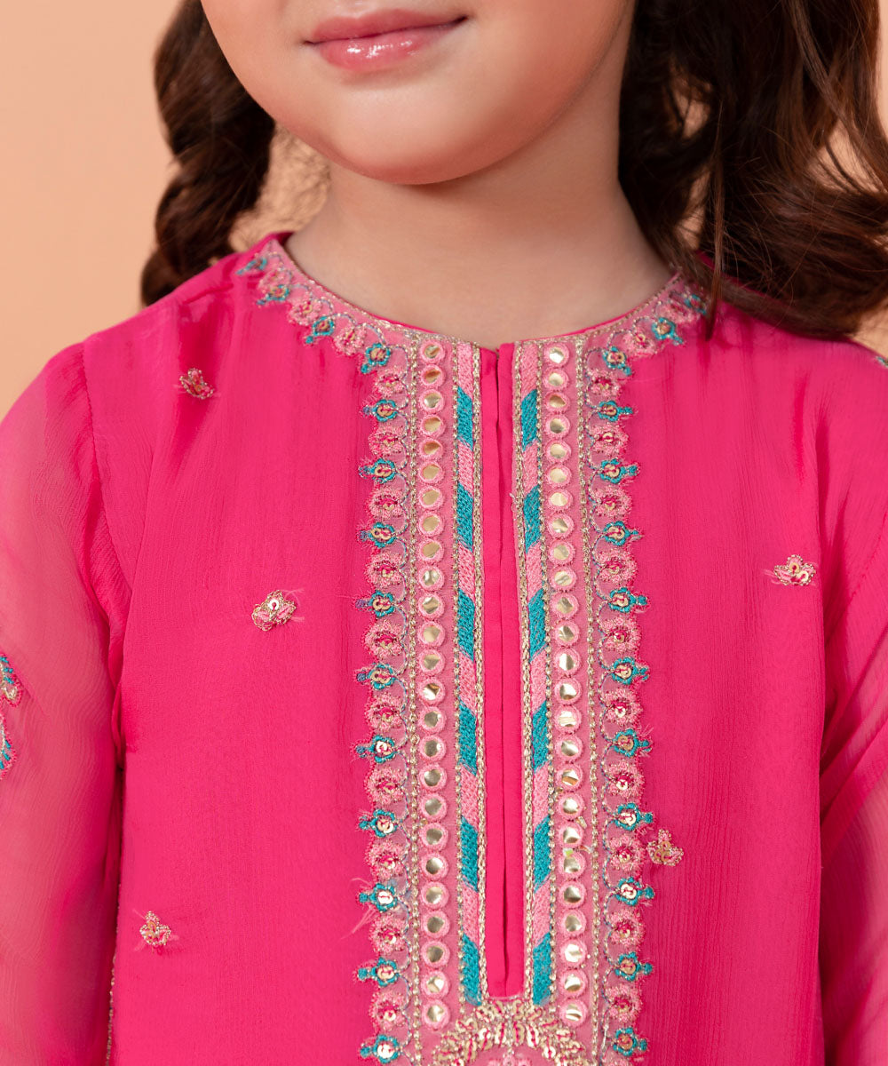 Girls Dyed Pink 3 PC Embroidered Poly Chiffon Suit