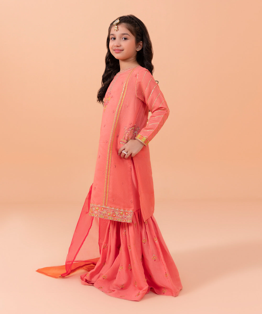 Girls Dyed Peach 3 PC Embroidered Cotton silk net Suit