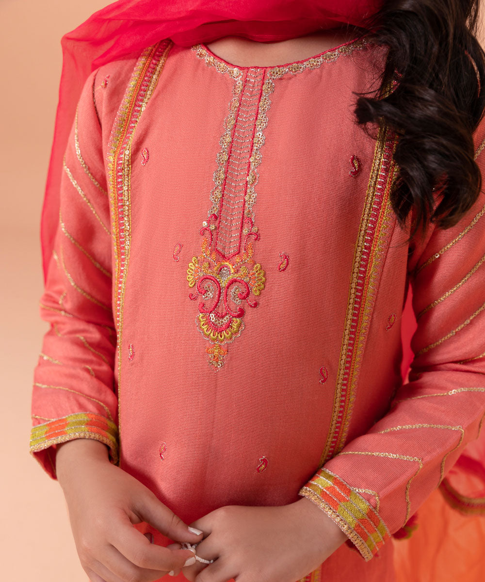 Girls Dyed Peach 3 PC Embroidered Cotton silk net Suit
