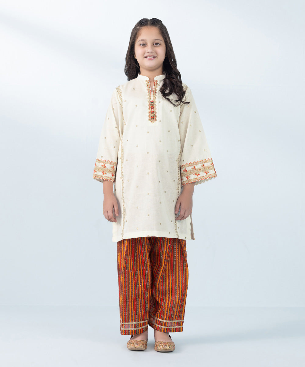 Kids East Girl's Off-White & Multi 2 Piece Embroidered Khaddar Suit